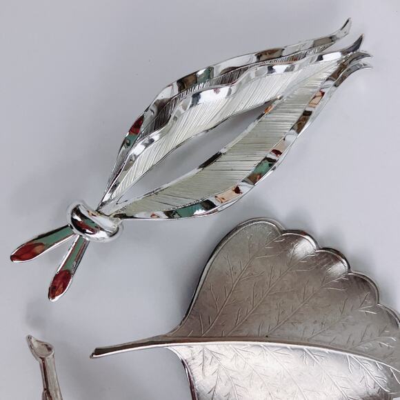 Vintage Signed Pell Brooch Lot Of 3 Mid Century Silver Tone Leaf Pin Jewelry - Picture 3 of 13